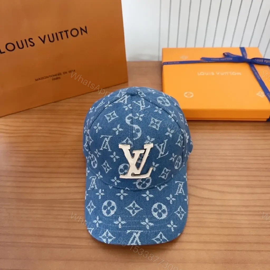 View 6 of Indigo Denim Cap with Gold LV Crest Monogram, Curved Visor