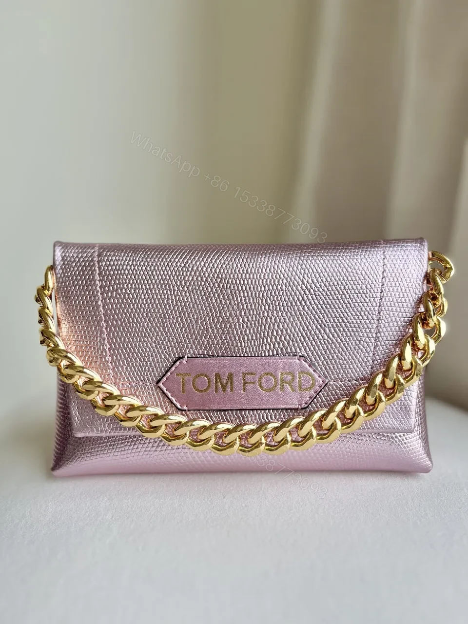 View 2 of Chic Metallic Wallet on Chain: Textured Pink Leather, Gold Chain, Luxury Style, Cardholder Wallet