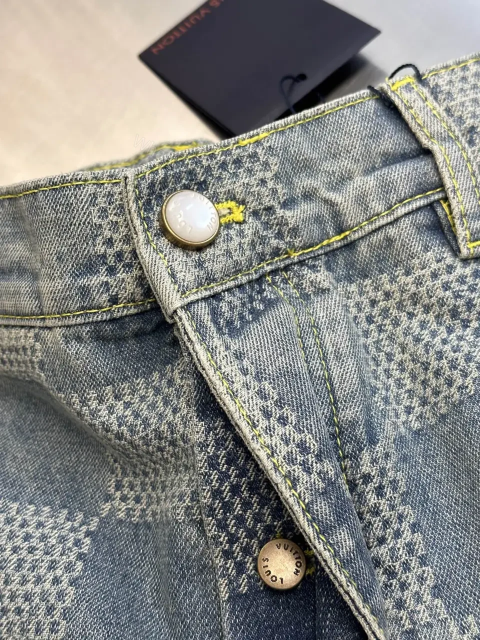 View 3 of Gray Denim Checkerboard Shorts Tailored Slim Style Louis Vuitton Tag
