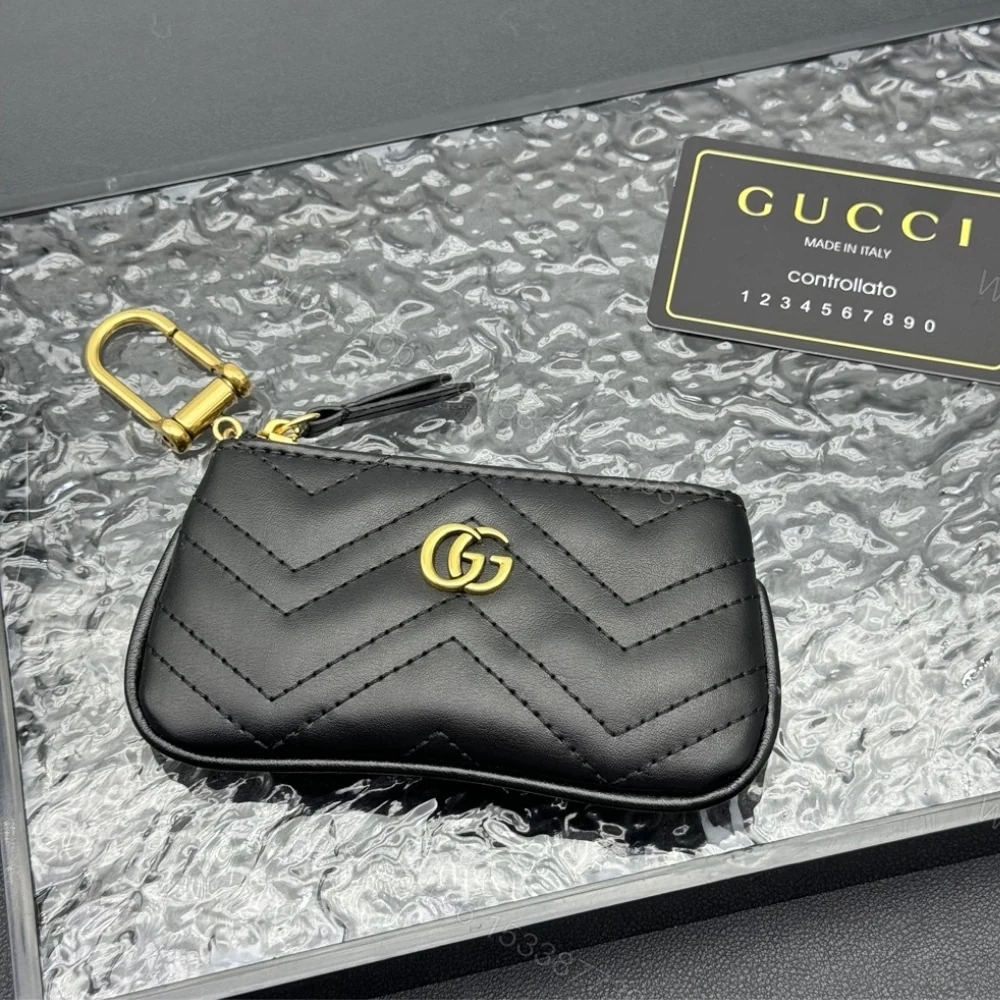View 2 of Gucci GG Marmont Key Case Chevron Matelasse Wallet Black 12Cm