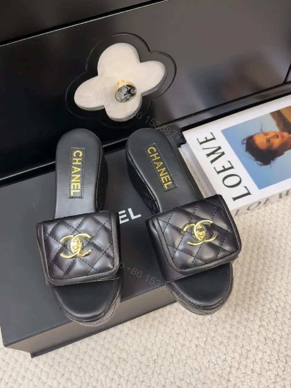 View 4 of Quilted Leather Slides with Gold Logo Sandals
