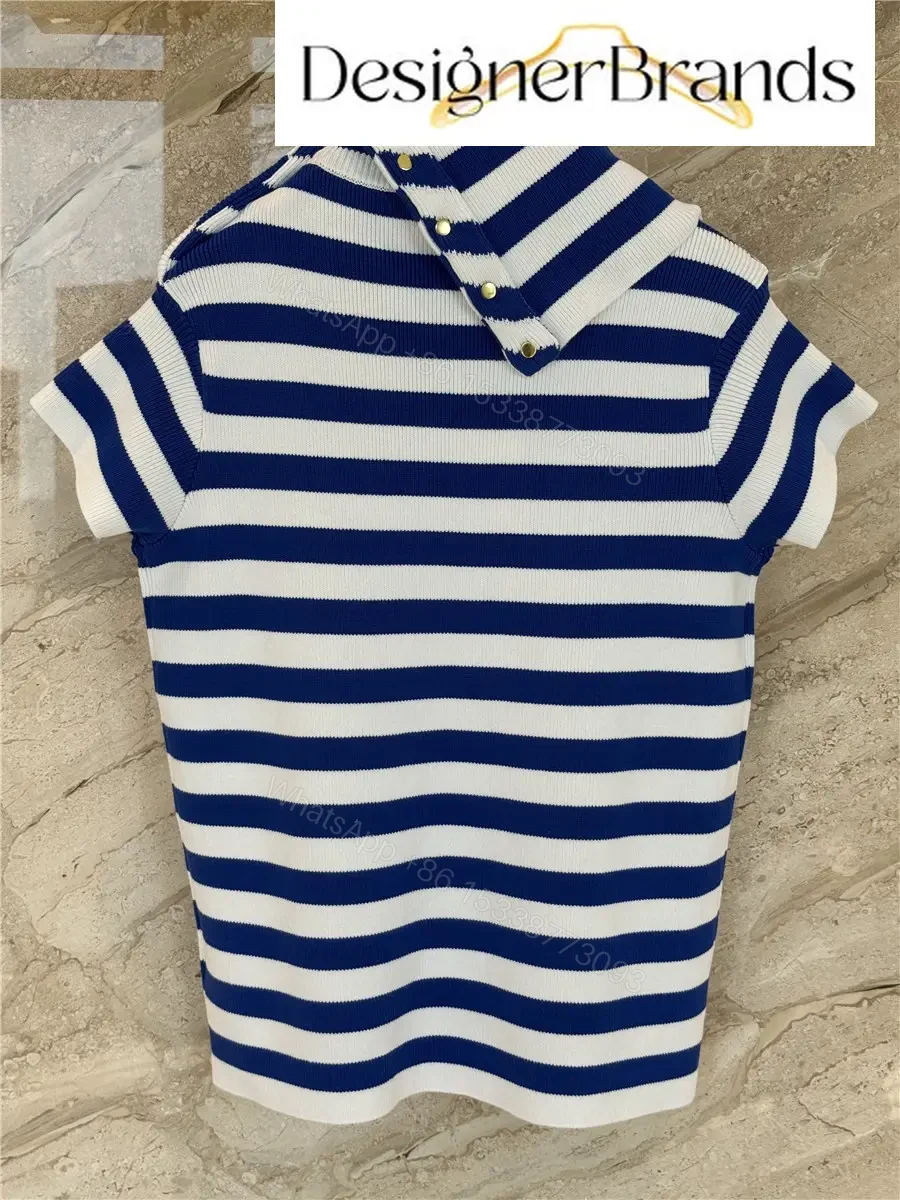 View 8 of Celine Classic Striped High-Neck Short-Sleeve Knit Top