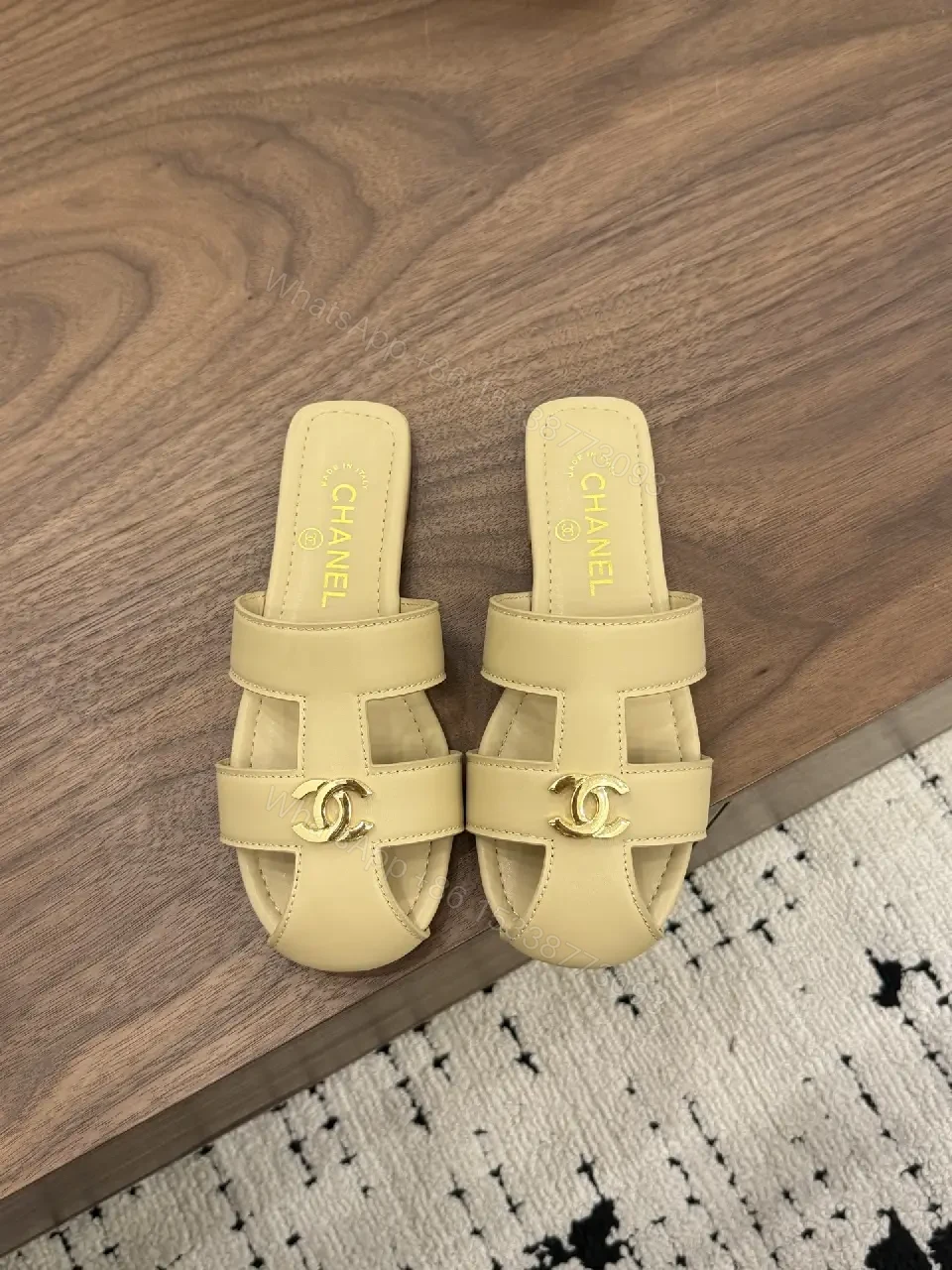 View 6 of Beige Leather Slide Sandals with Chanel Logo, Flat Heel