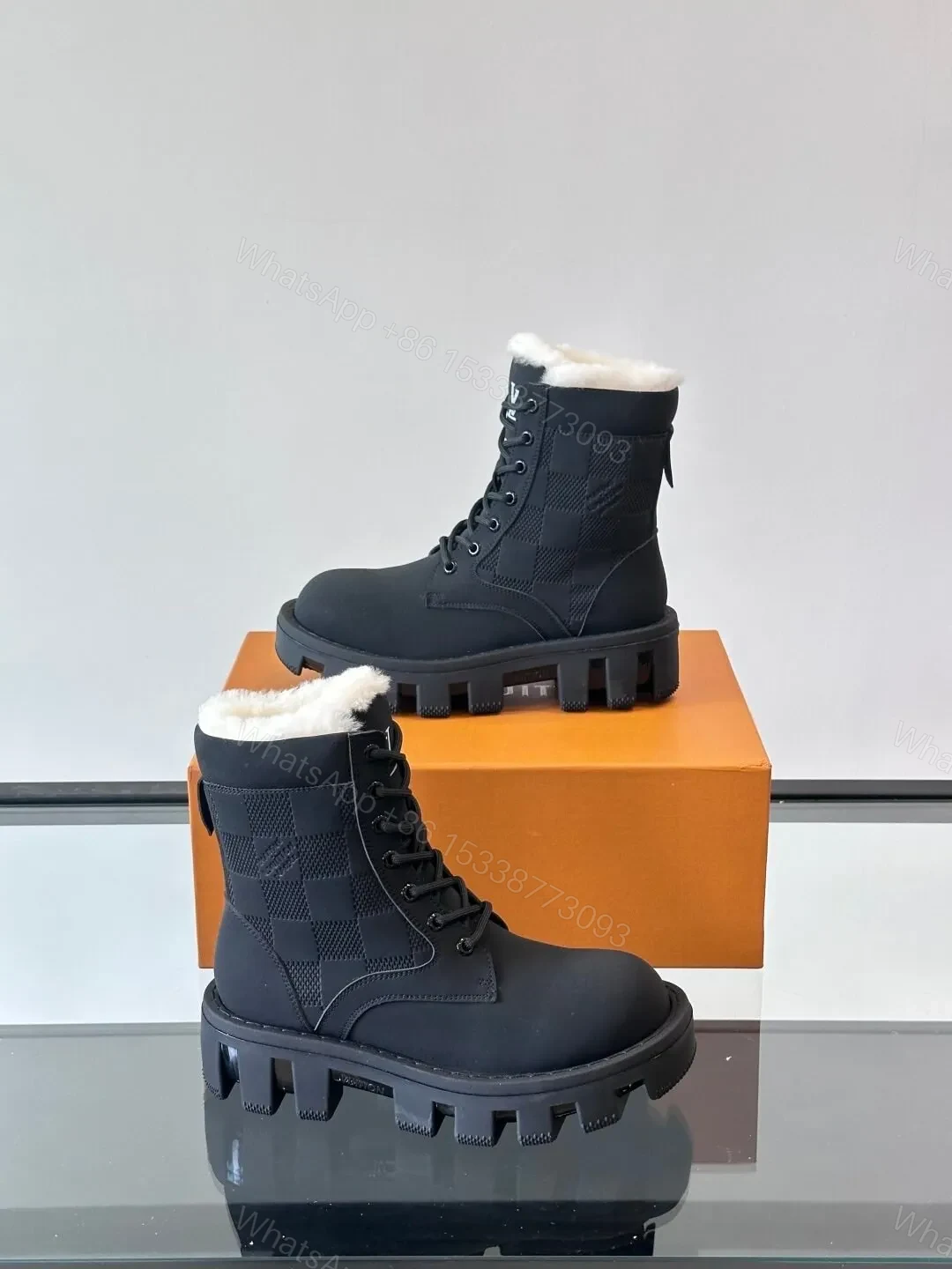 View 4 of LV Men Black Leather Fur Lined Boots