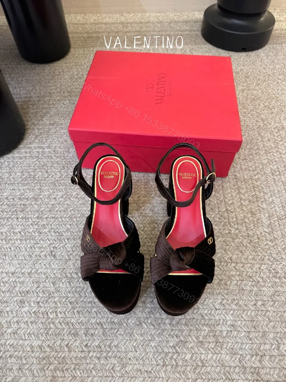 View 2 of Red Velvet Slingback Platform Heels, Block Heel, Valentino Style