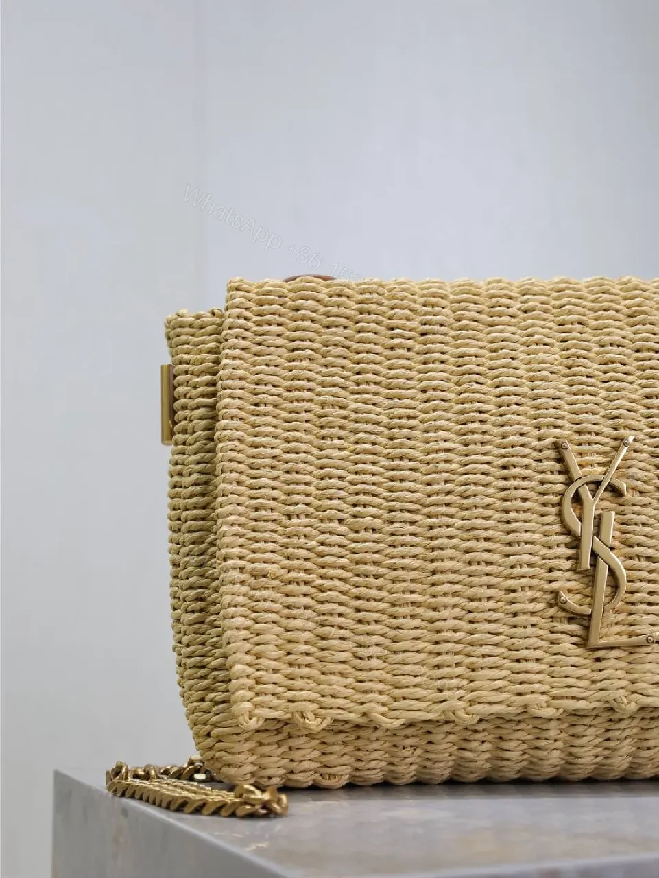 View 7 of Light Natural Straw Crossbody Bag, Monogram Charm, Modern Luxe