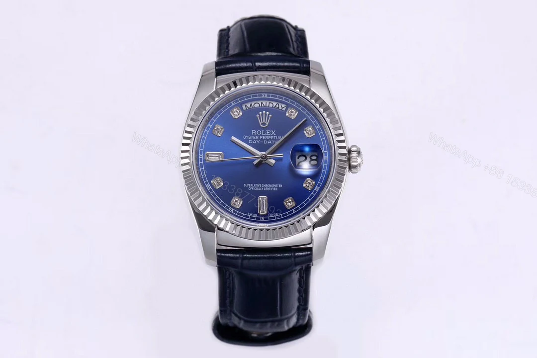 一比一 Rolex 總統表藍盤鑽刻度鋼殼皮帶星期日历高仿腕錶 — view 1