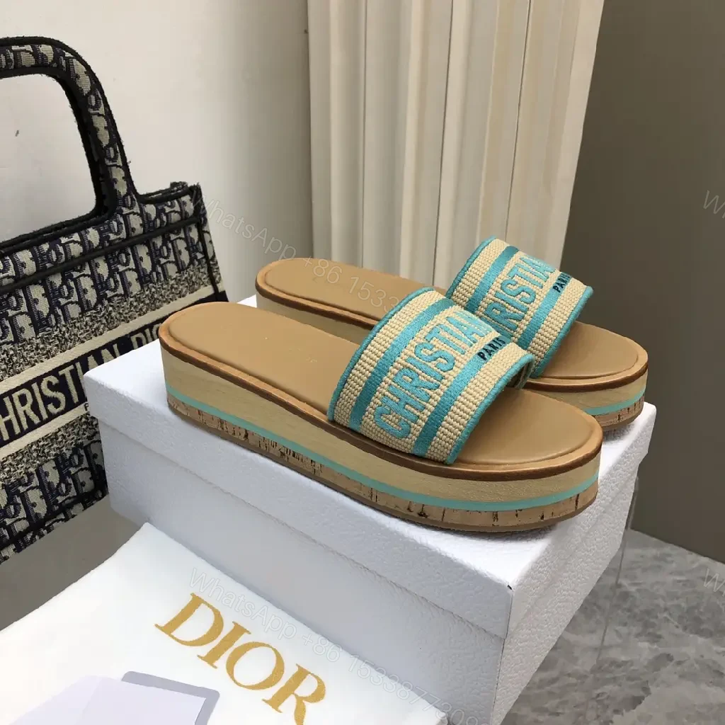 View 2 of Turquoise Canvas Striped Platform Sandals with Christian Dior Print