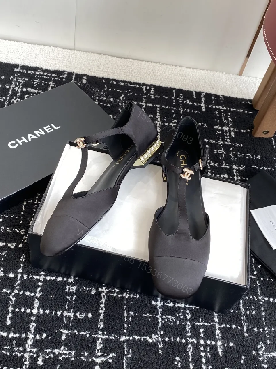 View 7 of Black Satin Mary-Jane Heels with Gold Signature Hardware