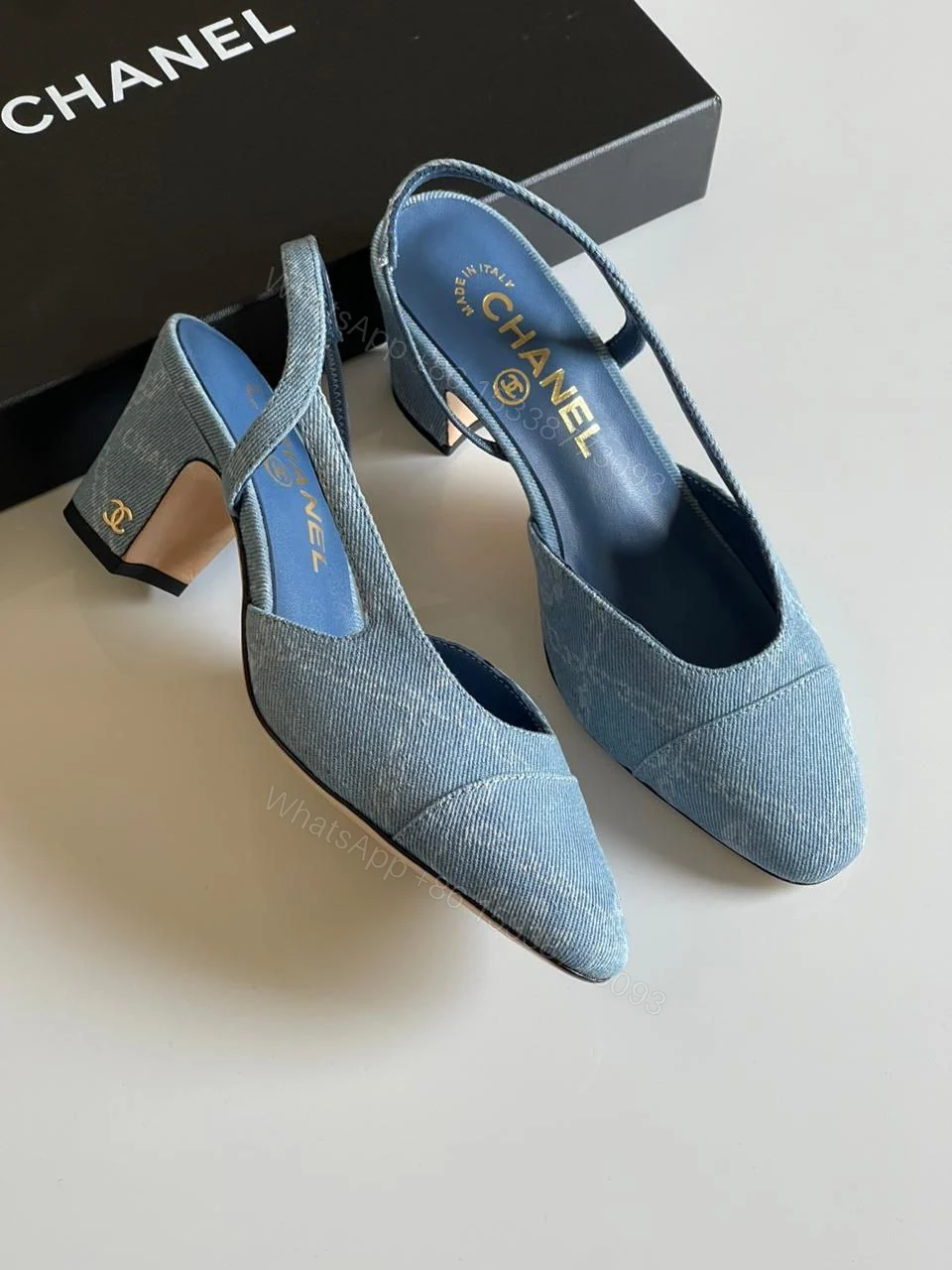 View 3 of Chanel Blue Denim Cap Toe Slingback Sandals