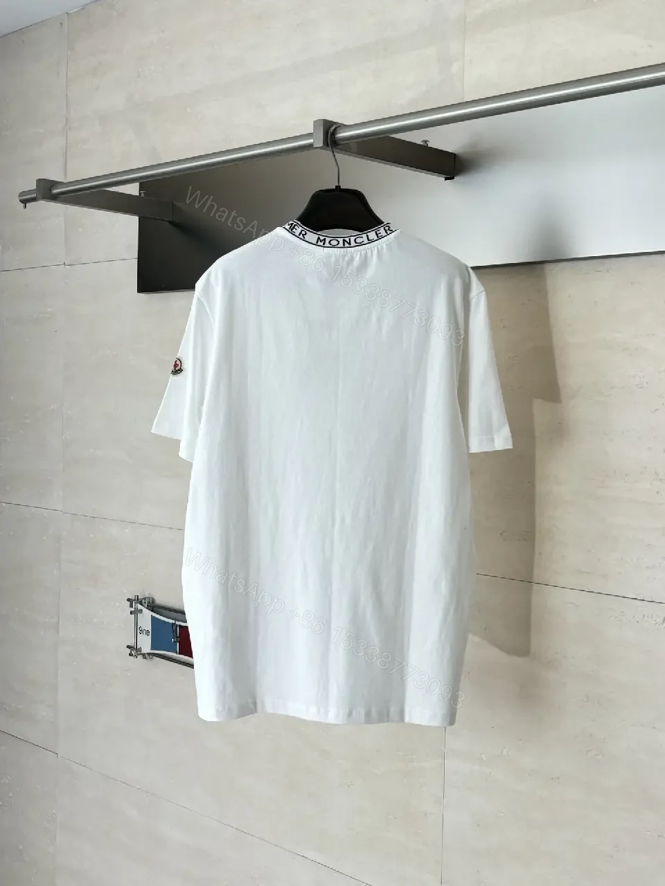 View 7 of White Cotton Tee Moncler Logo Crewneck Classic Streetwear Style Breathable Comfort T-Shirt