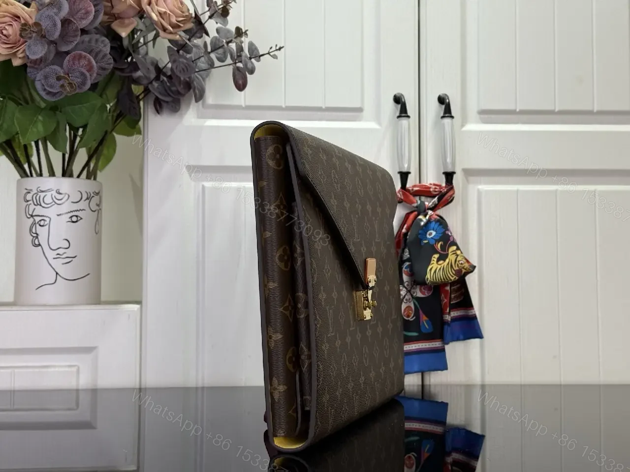 View 5 of Brown Coated-Canvas Clutch: Monogram, Structured, Gold Hardware