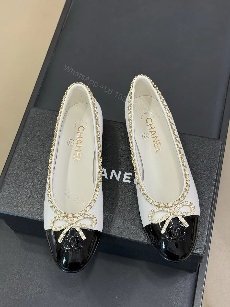 View 4 of Ivory & Black Two-Tone Ballet Flats with Gold Chain Accent