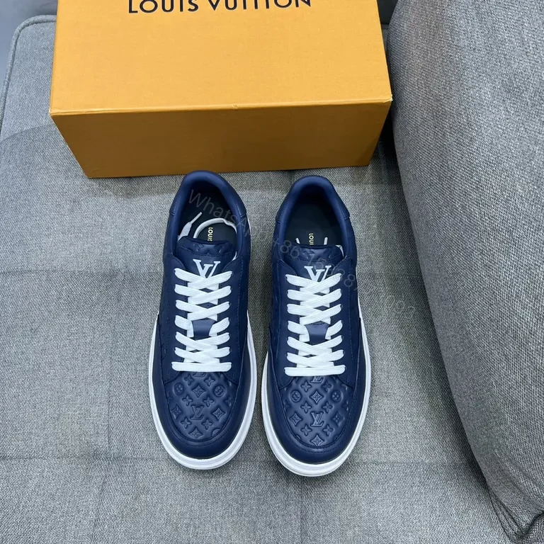 View 9 of Navy Leather LV-Patterned Low-Top Sneakers â€” Modern Luxury