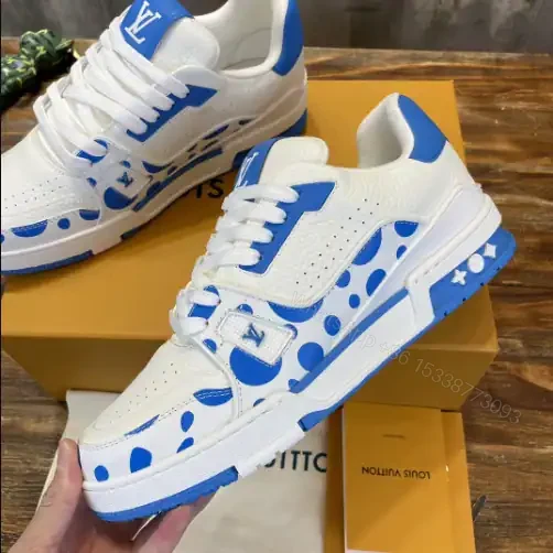 View 2 of LOUIS VUITTON X YAYOI KUSAMA TRAINER CALF LEATHER SNEAKER IN BLUE AND WHITE – LSVT375