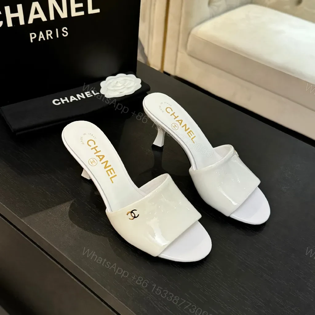 White Patent Mules with Gold Logo – Elevating Everyday Glam — view 1