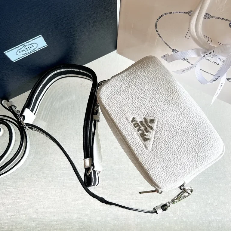 View 2 of White Leather Rectangular Crossbody with Bold Prada-Style Logo Strap