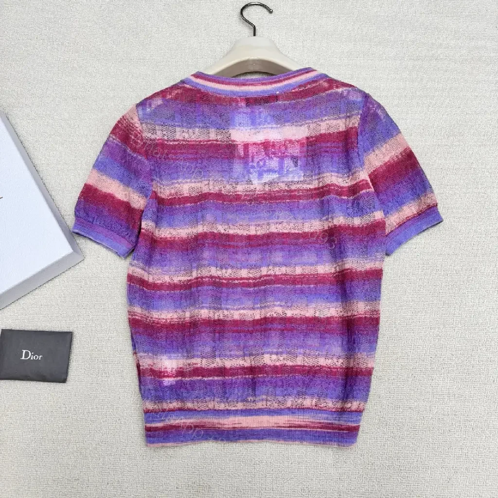 View 6 of Purple Knit Striped Short Sleeve Fashion Tee with Tie-Dye Style Product Type: Dior-inspired Knitwear
