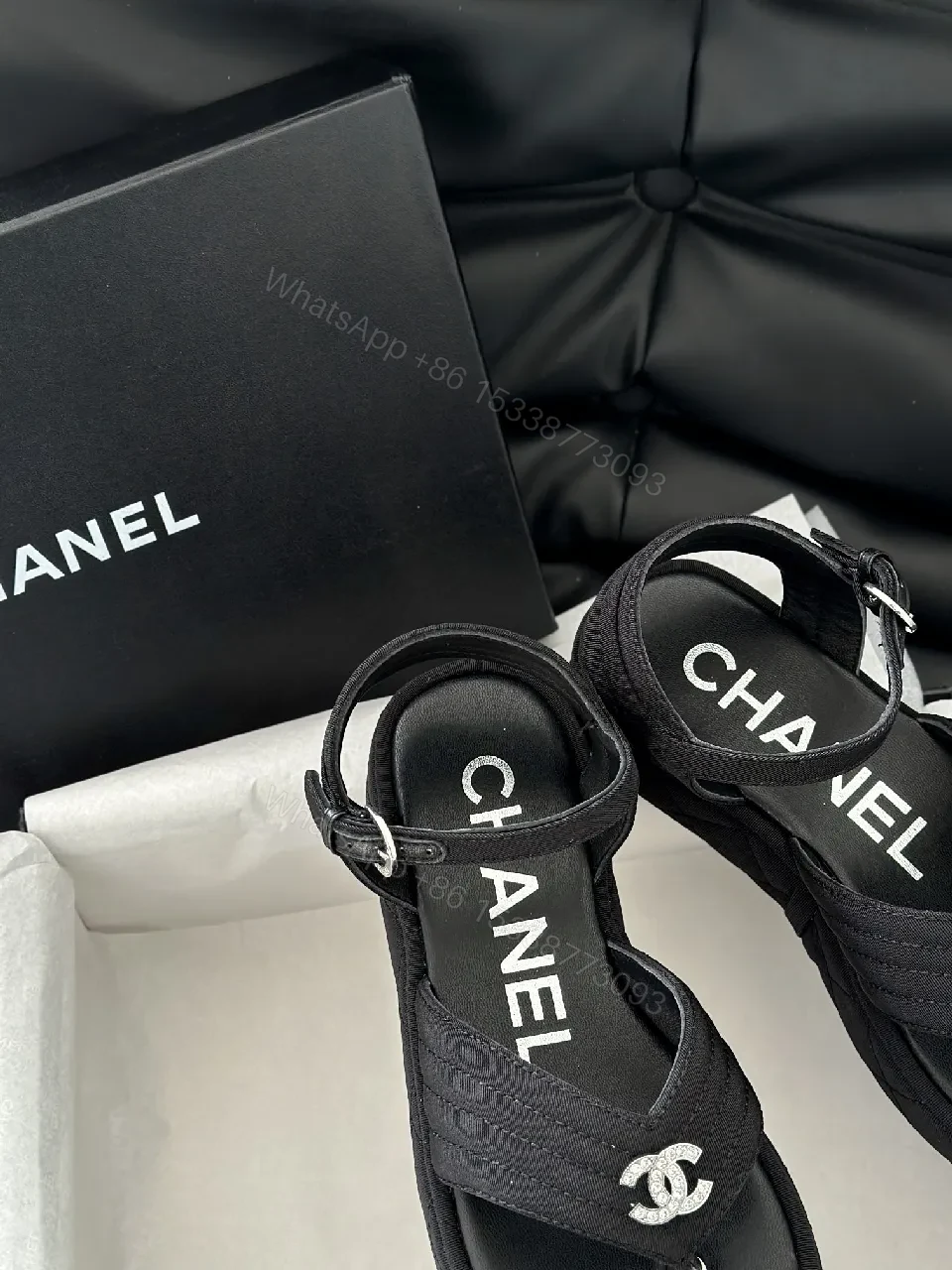 View 3 of Lux Black Sandals • Textured Upper • Logo Strap Luxe Comfort