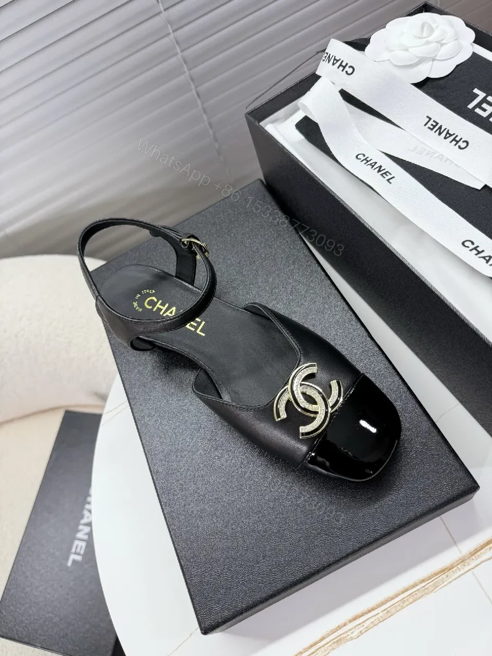 View 5 of Black Satin-Patent Slingback Flats with Gold Logo Hardware