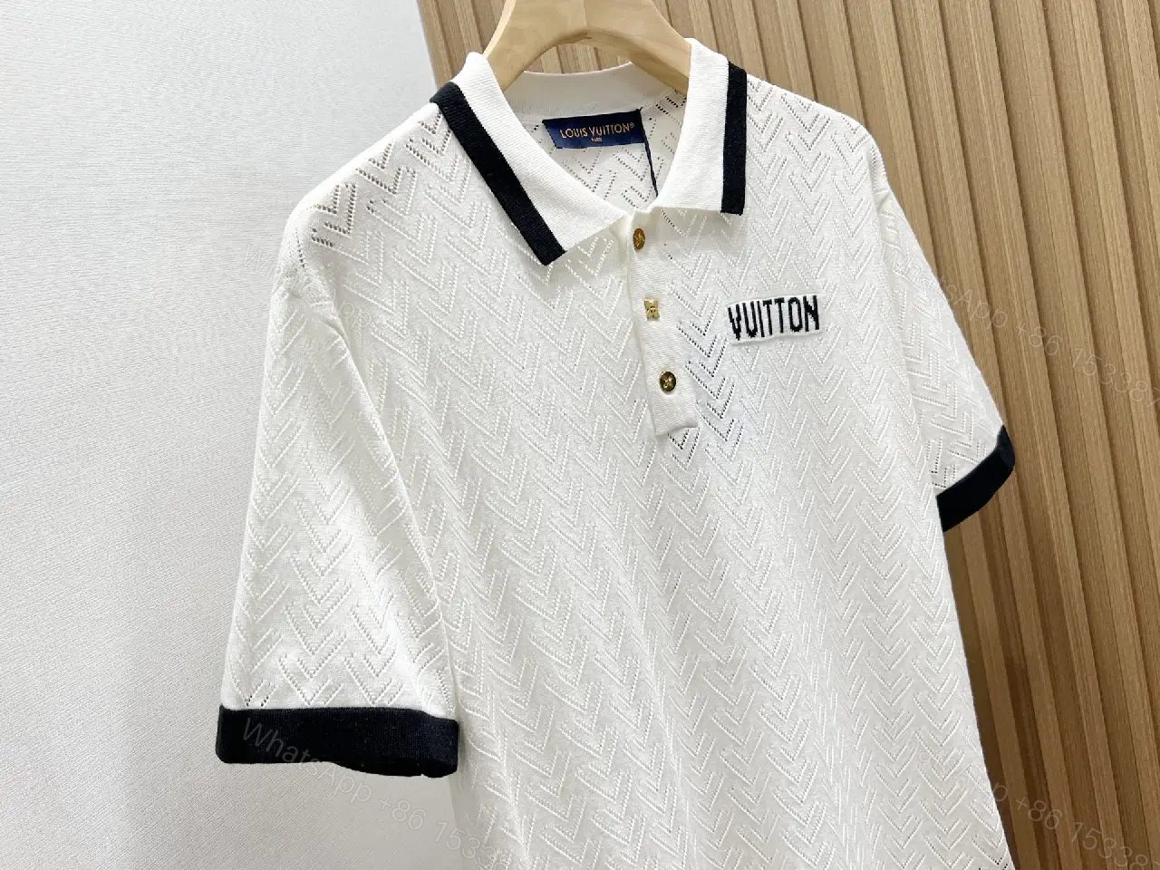 View 2 of White Knit Polo Cotton Classic Louis Vuitton Logo Polo Shirt