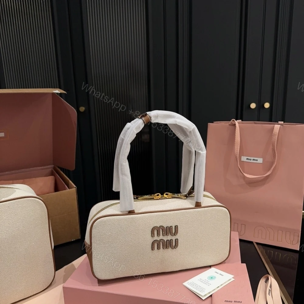 View 2 of MIUMIU BEAU CANVAS BAG BEIGE AND BRANDY 28CM 5BB173 ACRN F062F V OWM