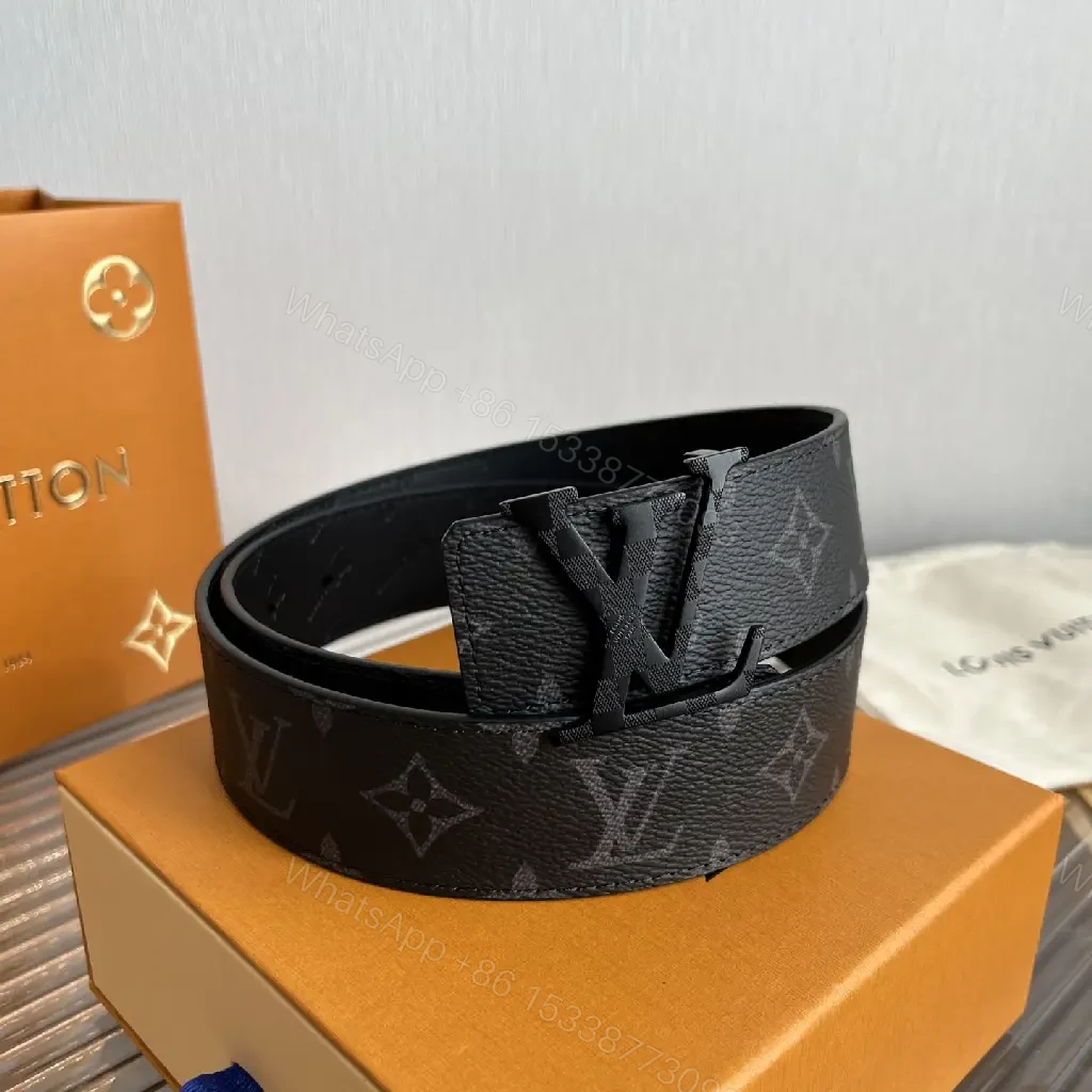 View 6 of Black Leather Belt Modern Slick LV Monogram Buckle Belt