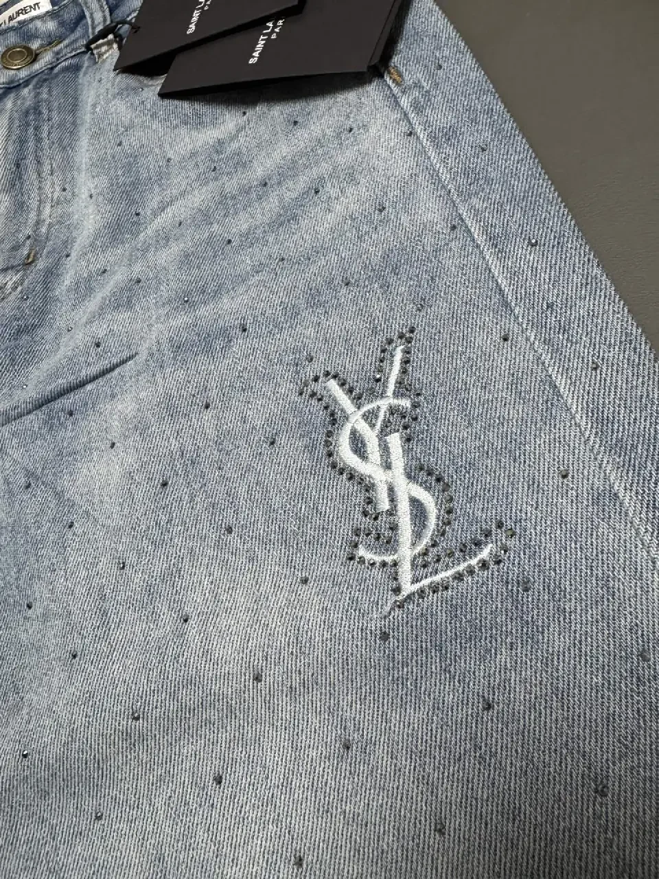 View 4 of Chic Distressed Couture: Wide-Leg Jeans with Emblems