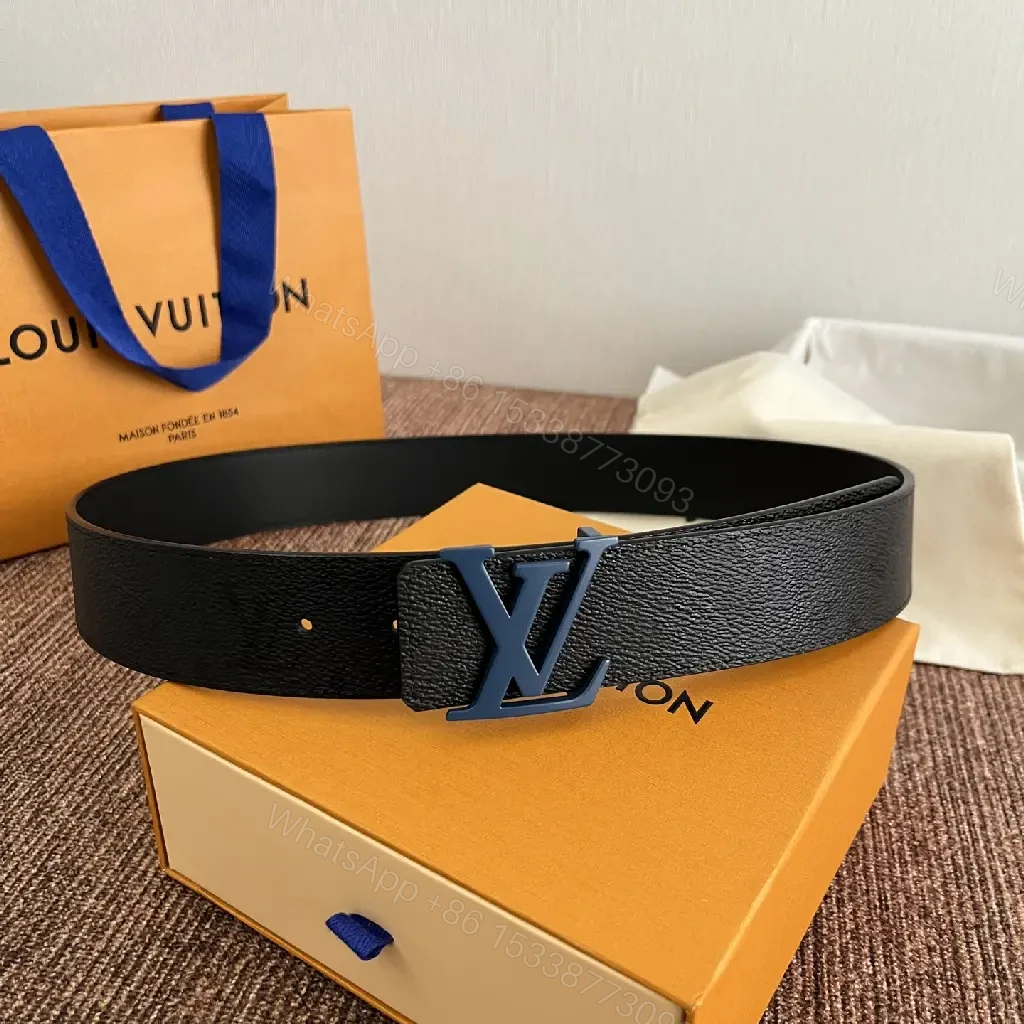 View 4 of Black Belt with Blue LV Logo Buckle, Pebbled Leather, Classic Style