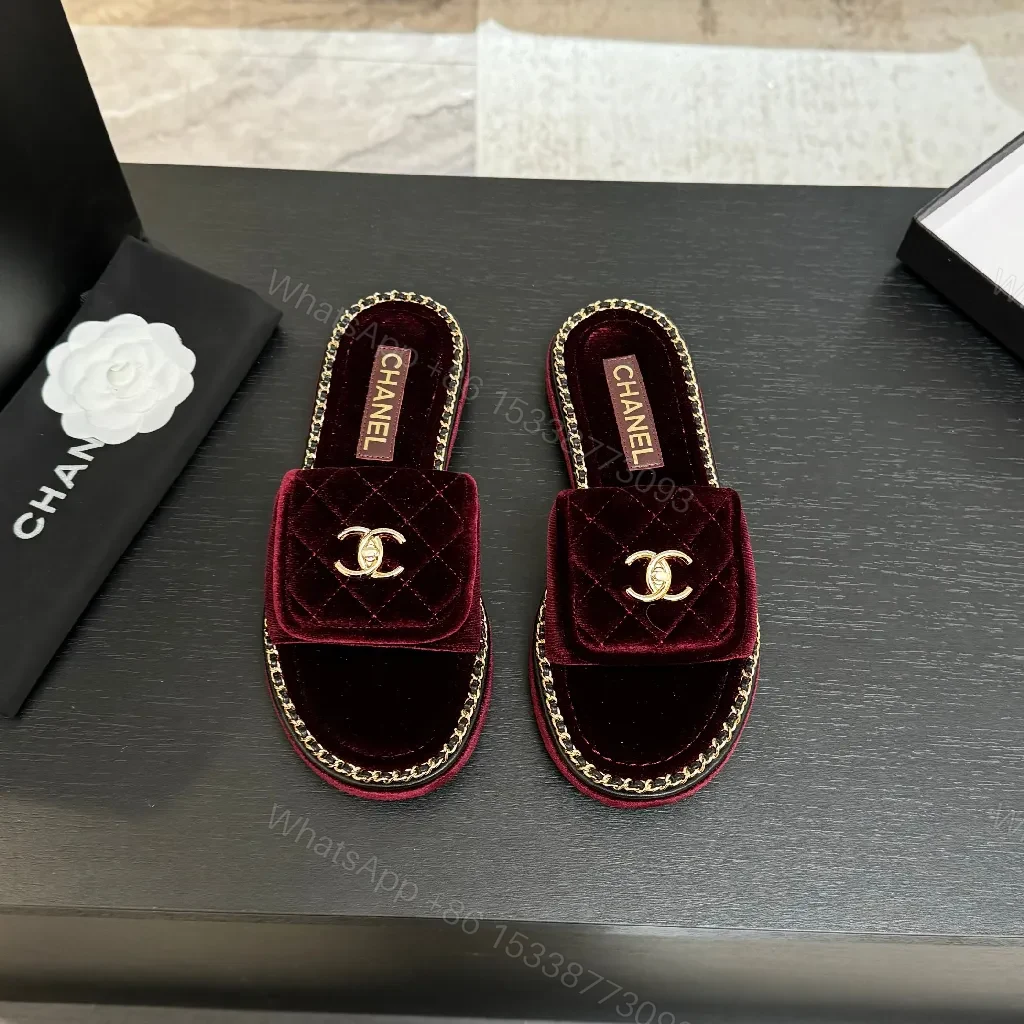 View 9 of Deep Wine Velvet Mules with Gold Chain Trim Slides