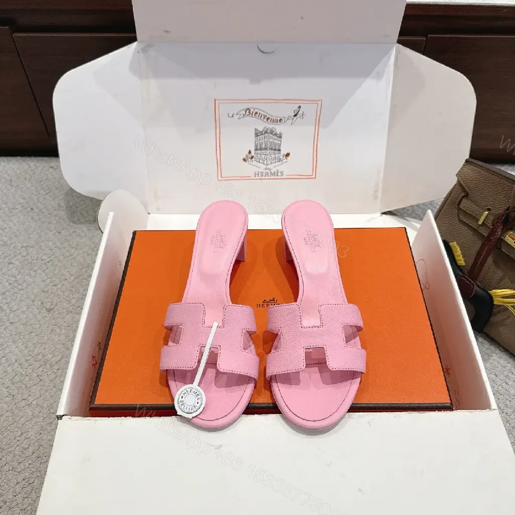 View 3 of Pink Leather Hermès-Style Slide Sandals with H-Logo Strap