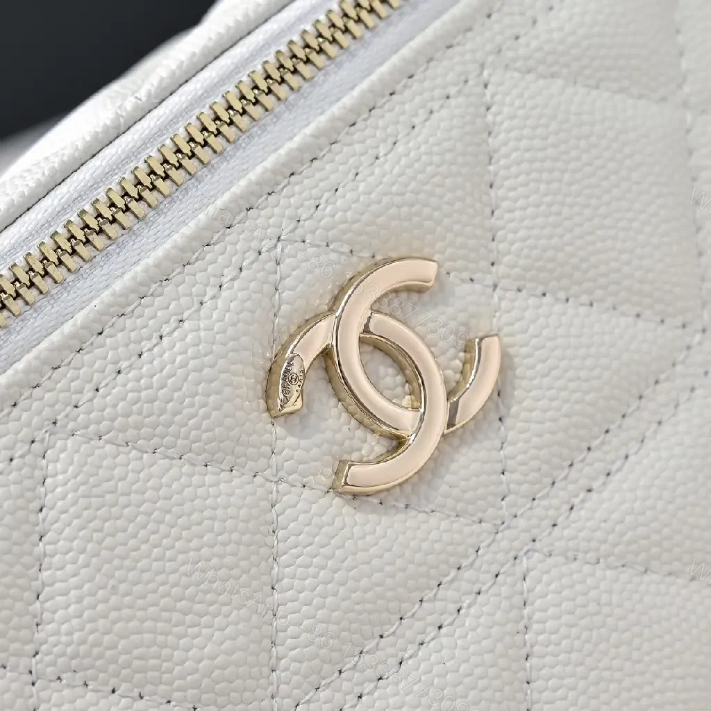 View 4 of Quilted White Belt Bag with Gold Emblem, Compact Luxury