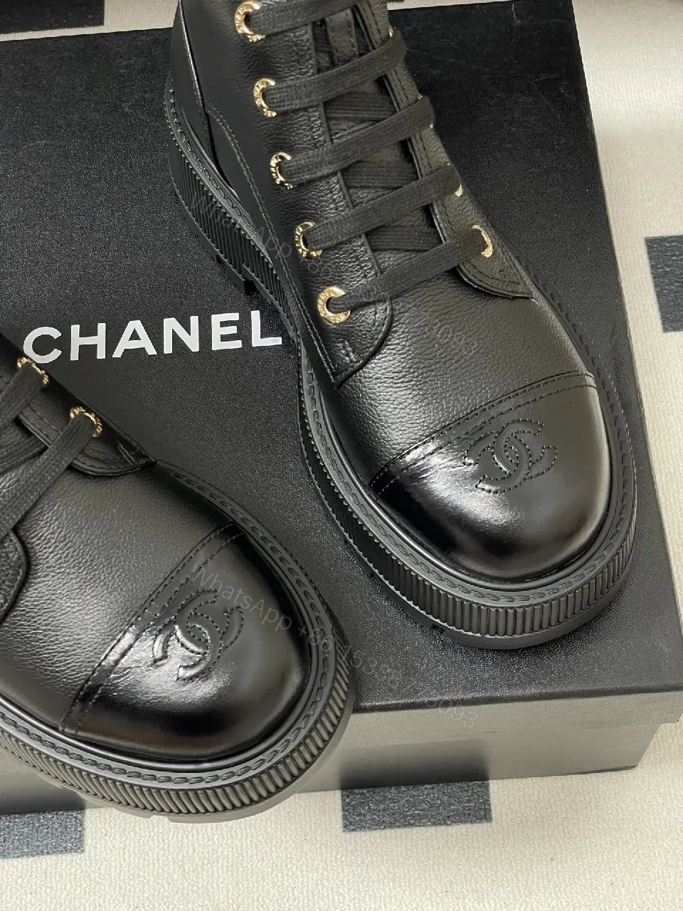 View 9 of Black Leather Combat Boots with Gold Branding Feature