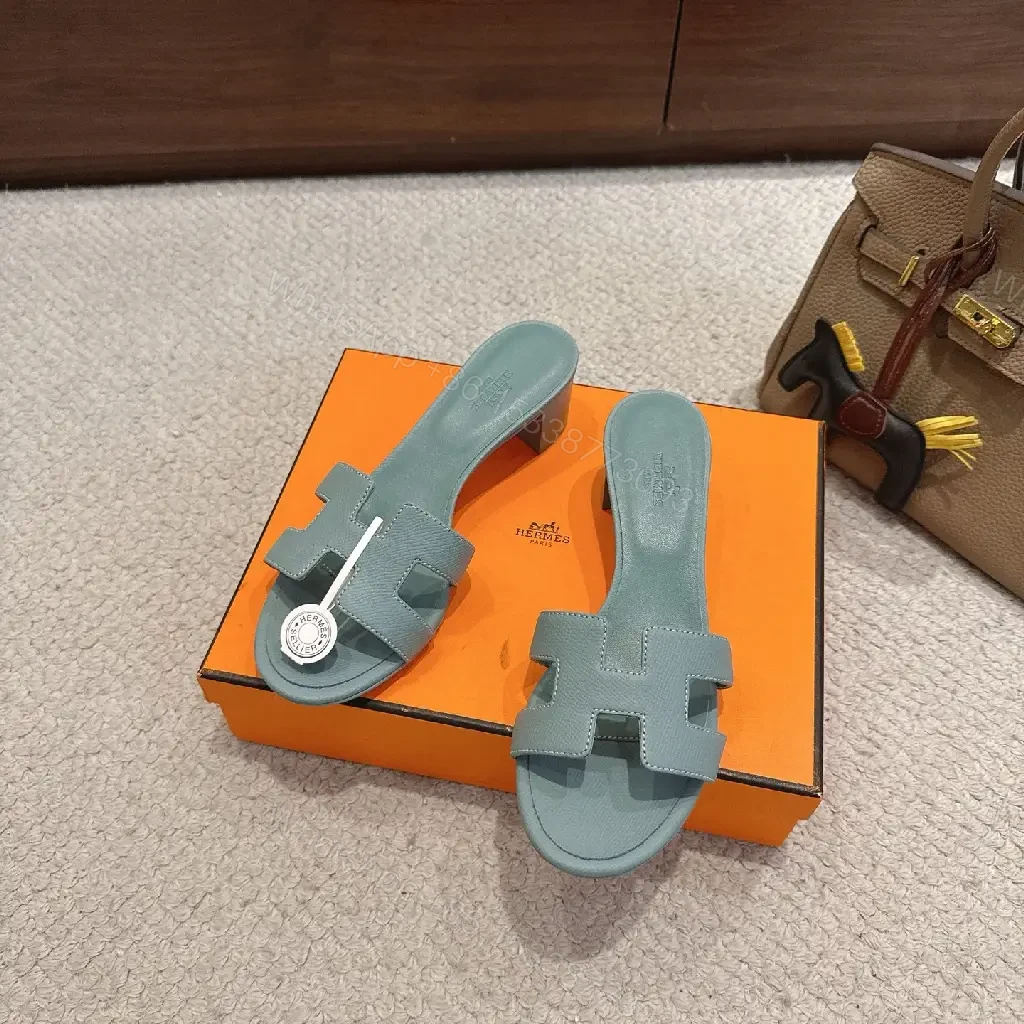 View 2 of Blue Leather Hermes-Style Sandals with Iconic H Strap