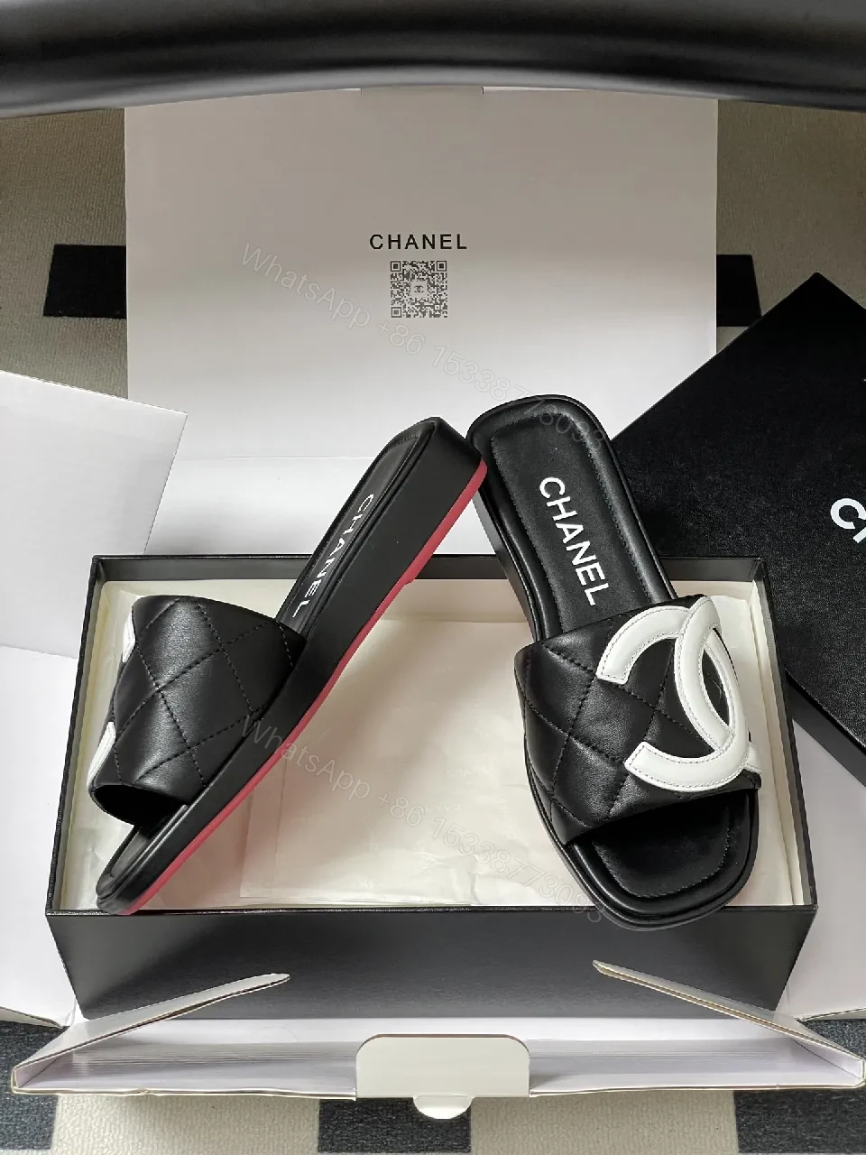 View 3 of Quilted Black Slides with Bold Logo Straps - Luxury Casual