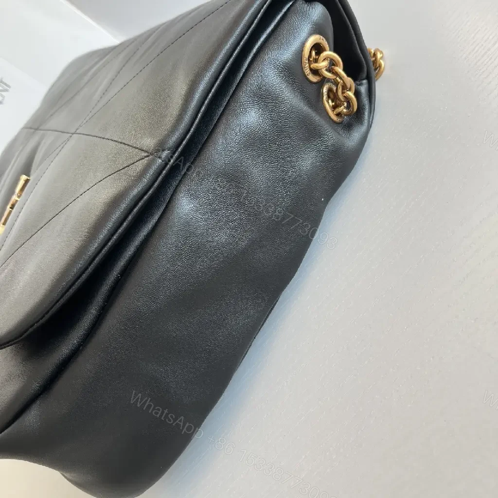 View 3 of Quilted Black Leather Shoulder Bag with Gold Chain