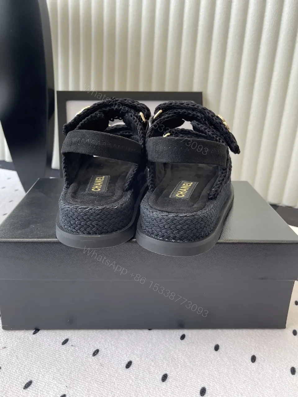 View 3 of Crochet-Texture Sandals with Gold Logo Accents – Luxury Everyday Wear