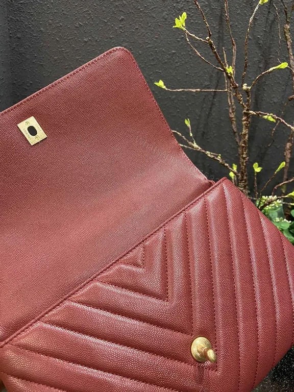 View 7 of Burgundy Chevron Leather Handbag with Gold Emblem Chanel-Inspired