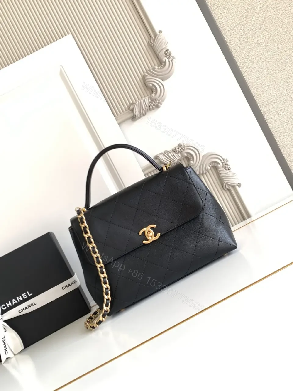 View 3 of Compact Quilted Black Leather Flap Bag with Chain Strap