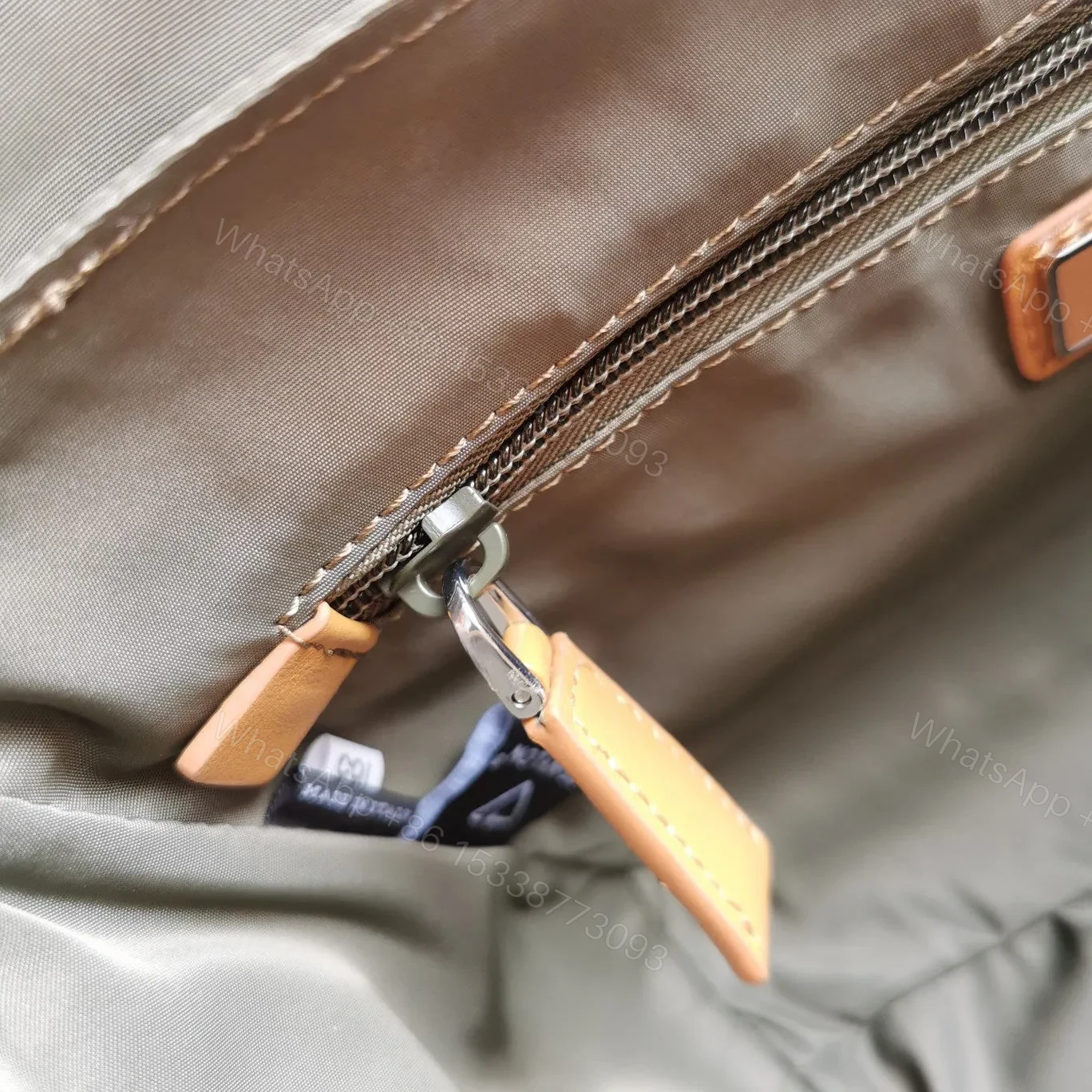 View 8 of MESSENGER BAG 20 IN KHAKI GREEN RE-NYLON AND BROWN CALFSKIN TRIM