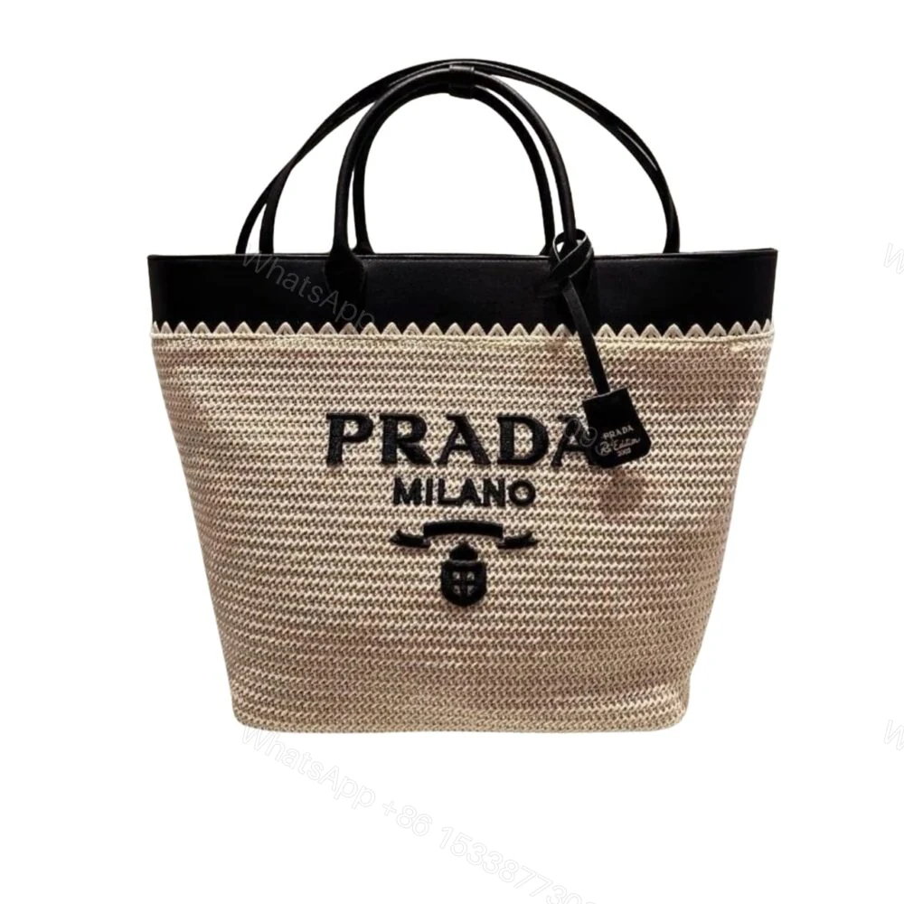 Prada Crochet And Leather Tote Bag Tan And Black 33Cm 1BG499 2M2Q F0I55 V GOO — view 1