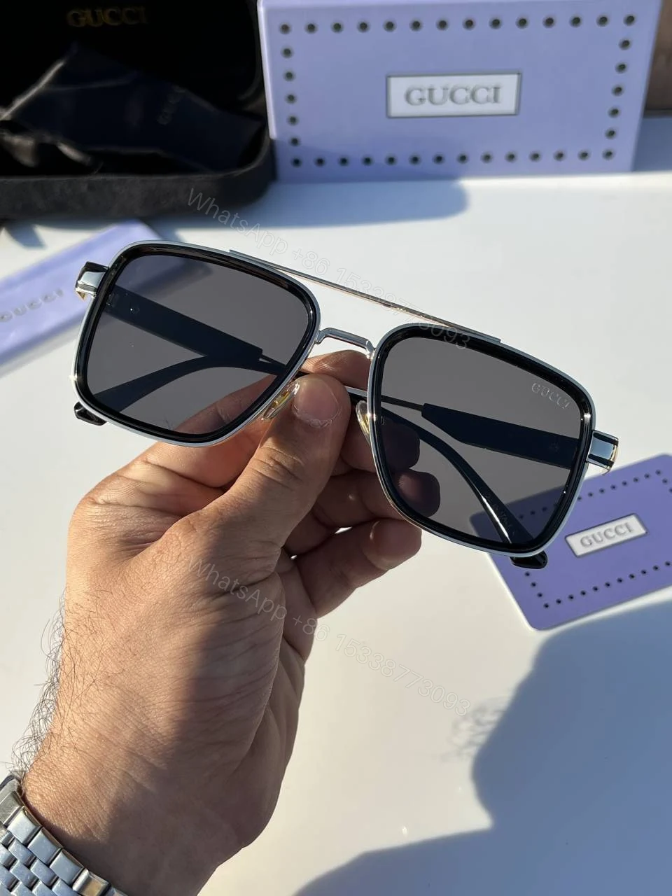 View 3 of First Copy Gucci Navigator Sunglasses Silver Frame Grey Lens