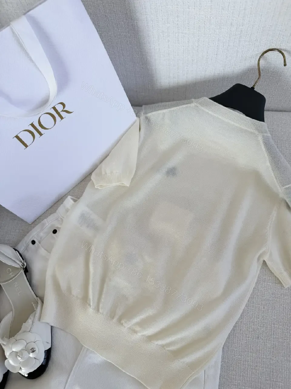 View 3 of Cream Knit Tee Emerald Clover Logo Luxury Comfort Top