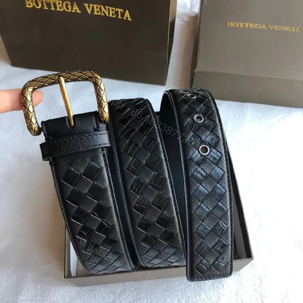 View 5 of Intrecciato Leather Belt with Brass Buckle — Luxury Everyday