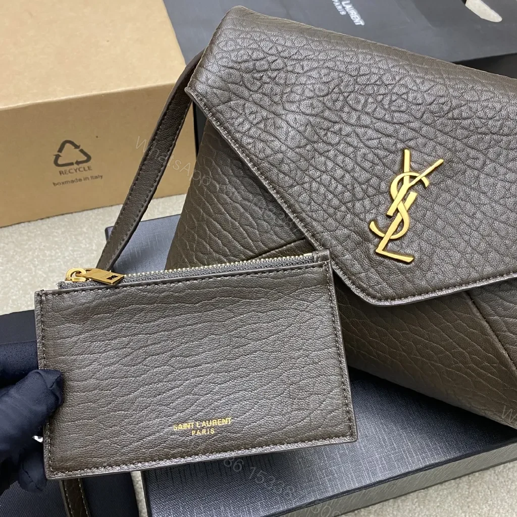 View 9 of Chic Brown Leather Shoulder Bag with Gold Logo, Structured Luxury