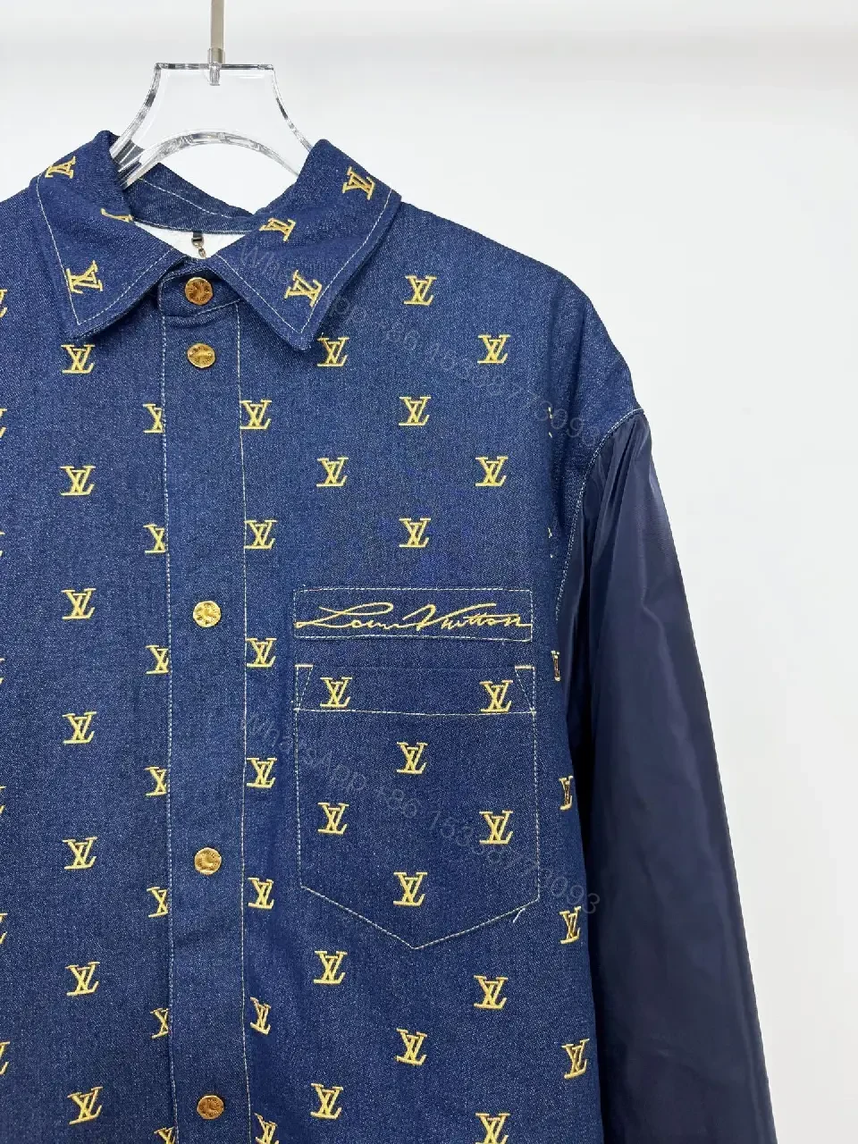 View 5 of Denim Bomber Jacket with Gold Monogram Detailing and Contrast Sleeves