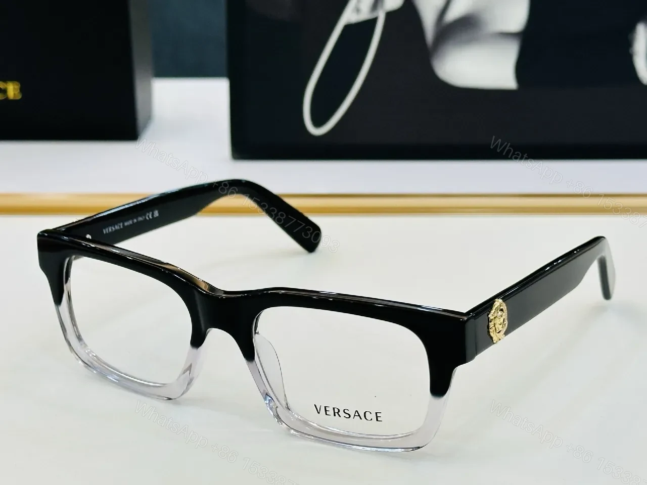 View 8 of Elegant Black Acetate Frames – Gold Medusa Detail, Rectangular
