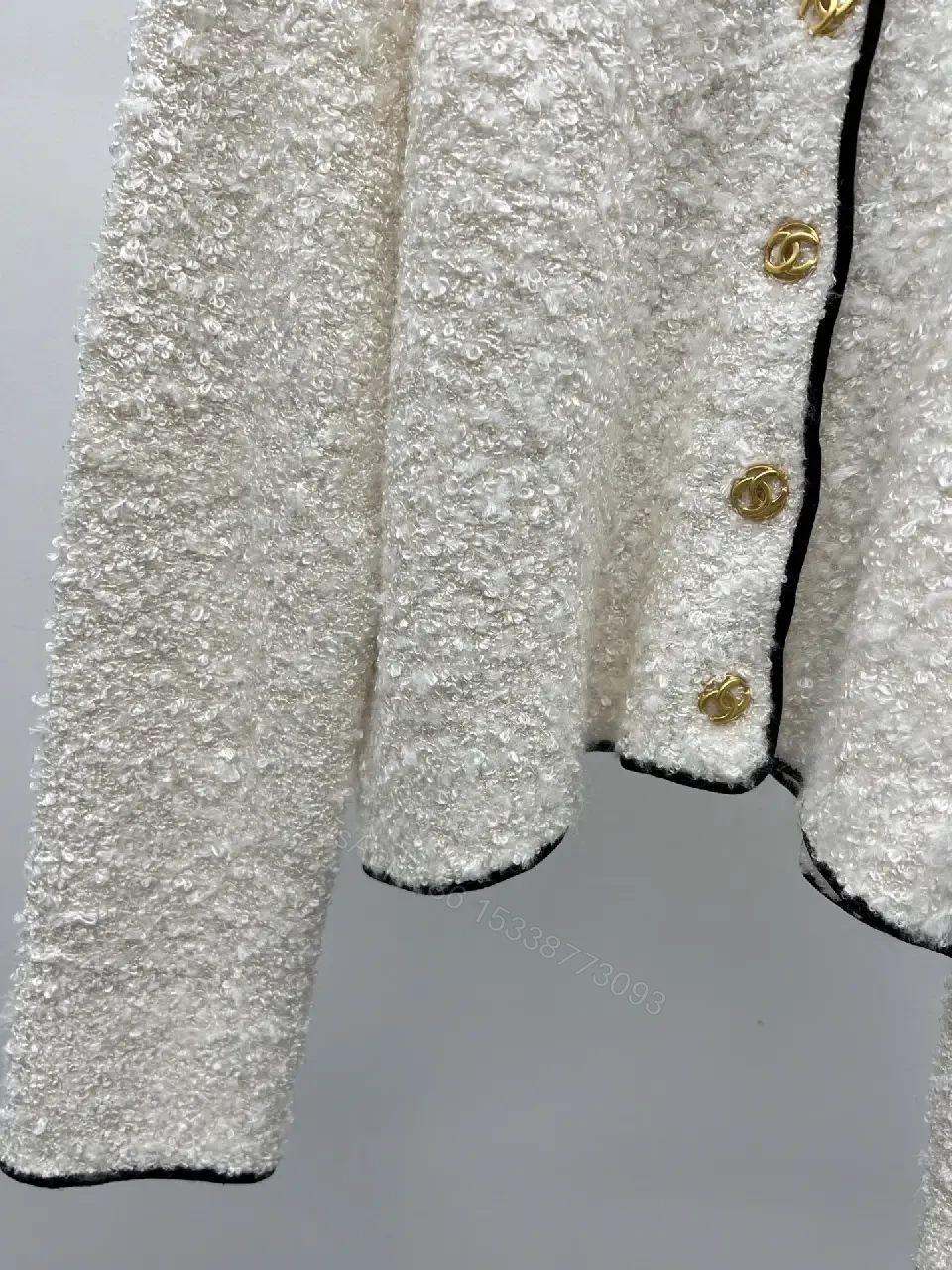 View 2 of Off-White Bouclé Cropped Jacket with Gold Button Trim