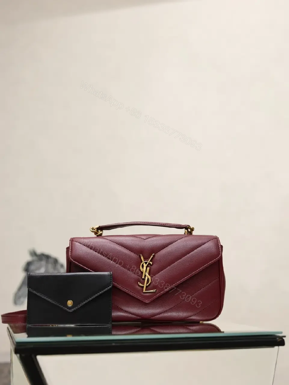 View 5 of Burgundy Leather Quilted Flap Bag with Gold YSL Clasp