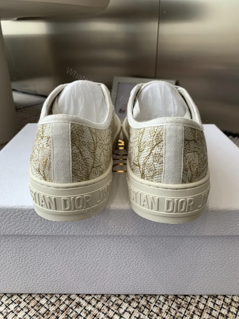 View 8 of Cream Canvas Low-Top Sneakers with Monogram Texture